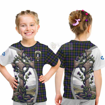 Tartan Vibes Clothing Fleming Tartan Kid T-Shirt with Family Crest and St. Andrew's Cross Accented by Thistle Vines