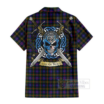 Tartan Vibes Clothing Fleming Tartan Short Sleeve Button Shirt with Family Crest Celtic Skull Style