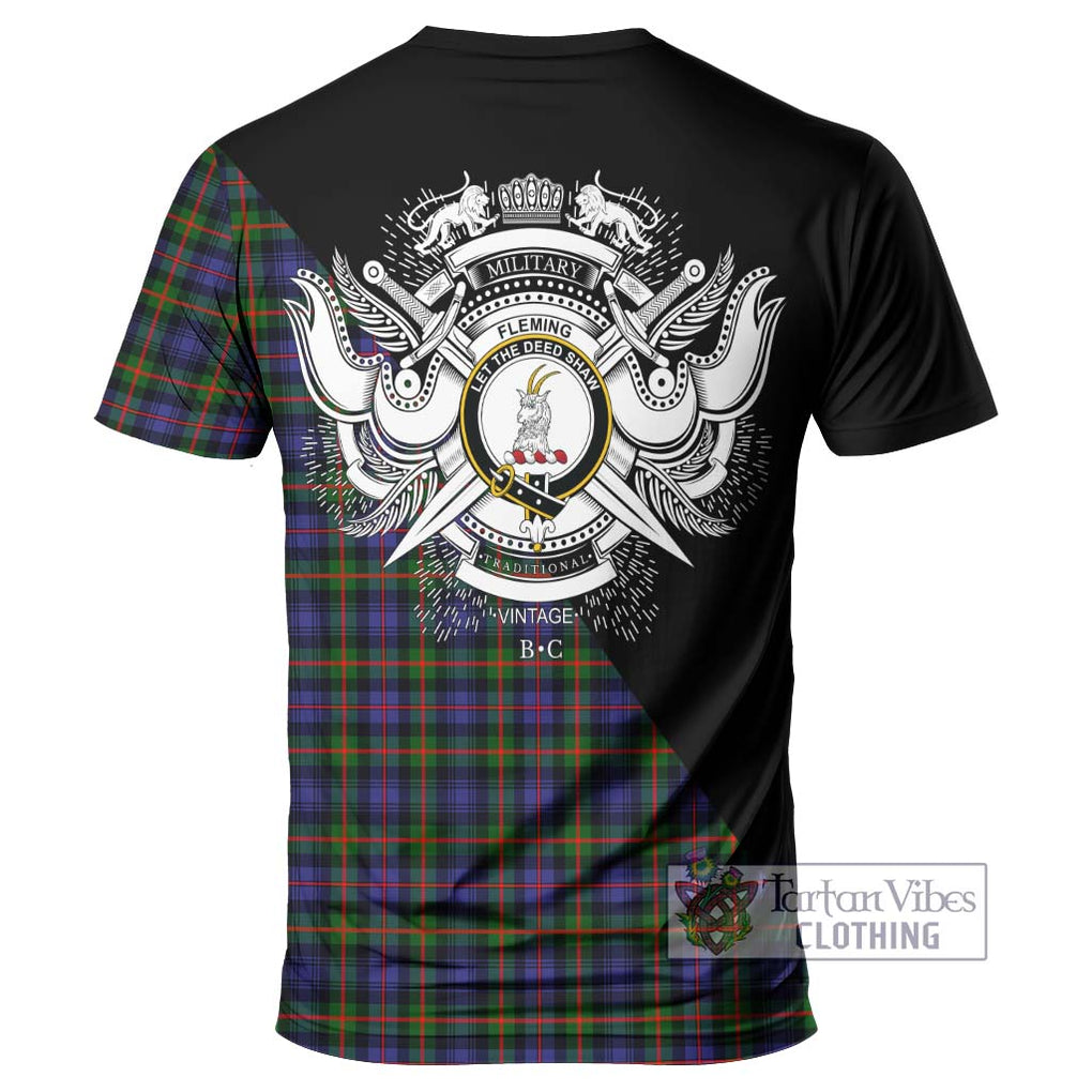 Fleming Tartan T-Shirt with Family Crest and Military Logo Style - Tartanvibesclothing Shop