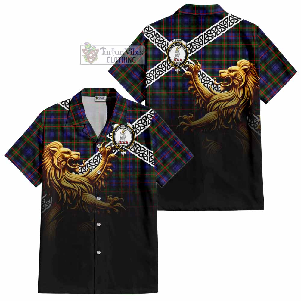 Tartan Vibes Clothing Fleming Crest Tartan Short Sleeve Button Shirt with Golden Lion Emblem Celtic Style