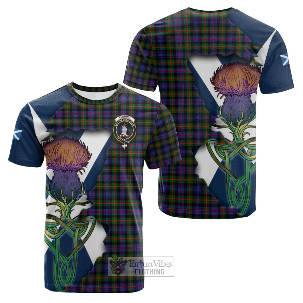 Tartan Vibes Clothing Fleming Tartan Family Crest Cotton T-shirt Scottish Thistle Celtic Inspired