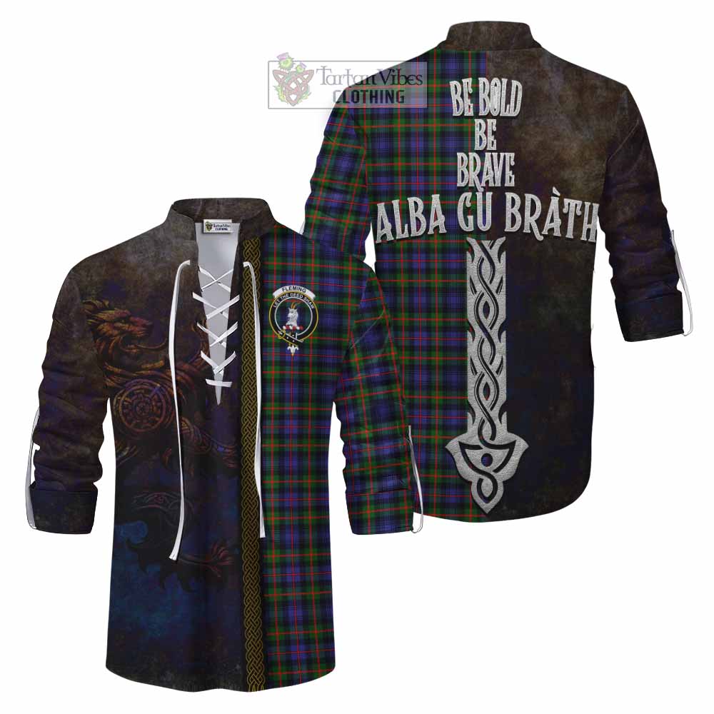 Tartan Vibes Clothing Fleming Tartan Family Crest Ghillie Kilt Shirt Alba Gu Brath Be Brave Lion Ancient Style