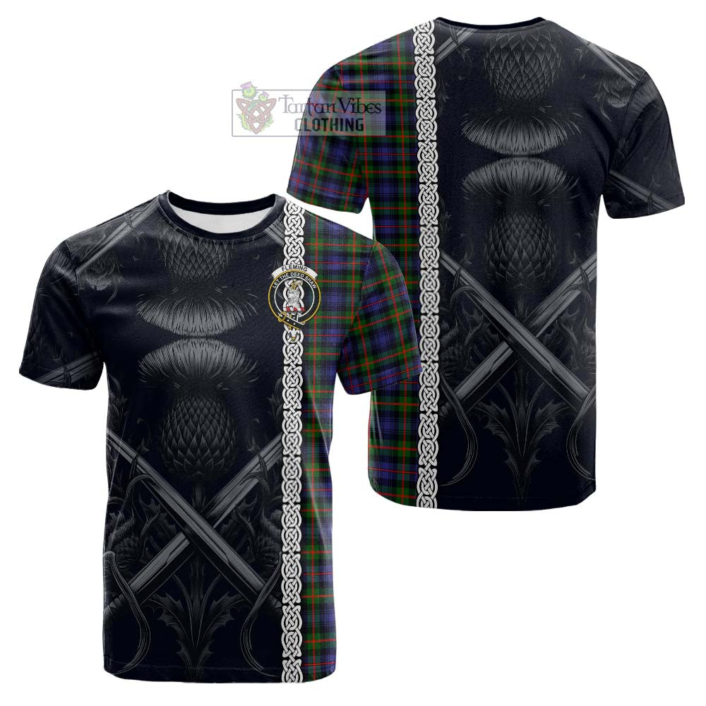 Tartan Vibes Clothing Fleming Tartan Cotton T-shirt with Family Crest Cross Sword Thistle Celtic Vibes