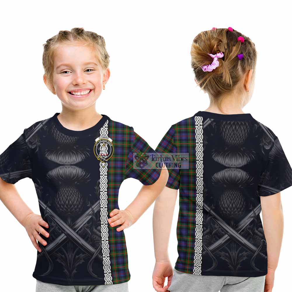 Tartan Vibes Clothing Fleming Tartan Kid T-Shirt with Family Crest Cross Sword Thistle Celtic Vibes