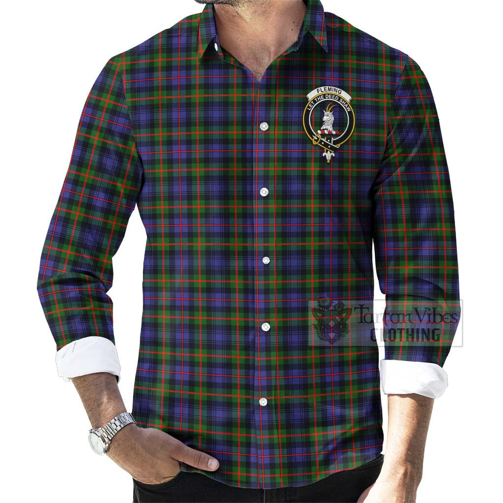 Tartan Vibes Clothing Fleming Tartan Long Sleeve Button Shirt with Family Crest Celtic Skull Style