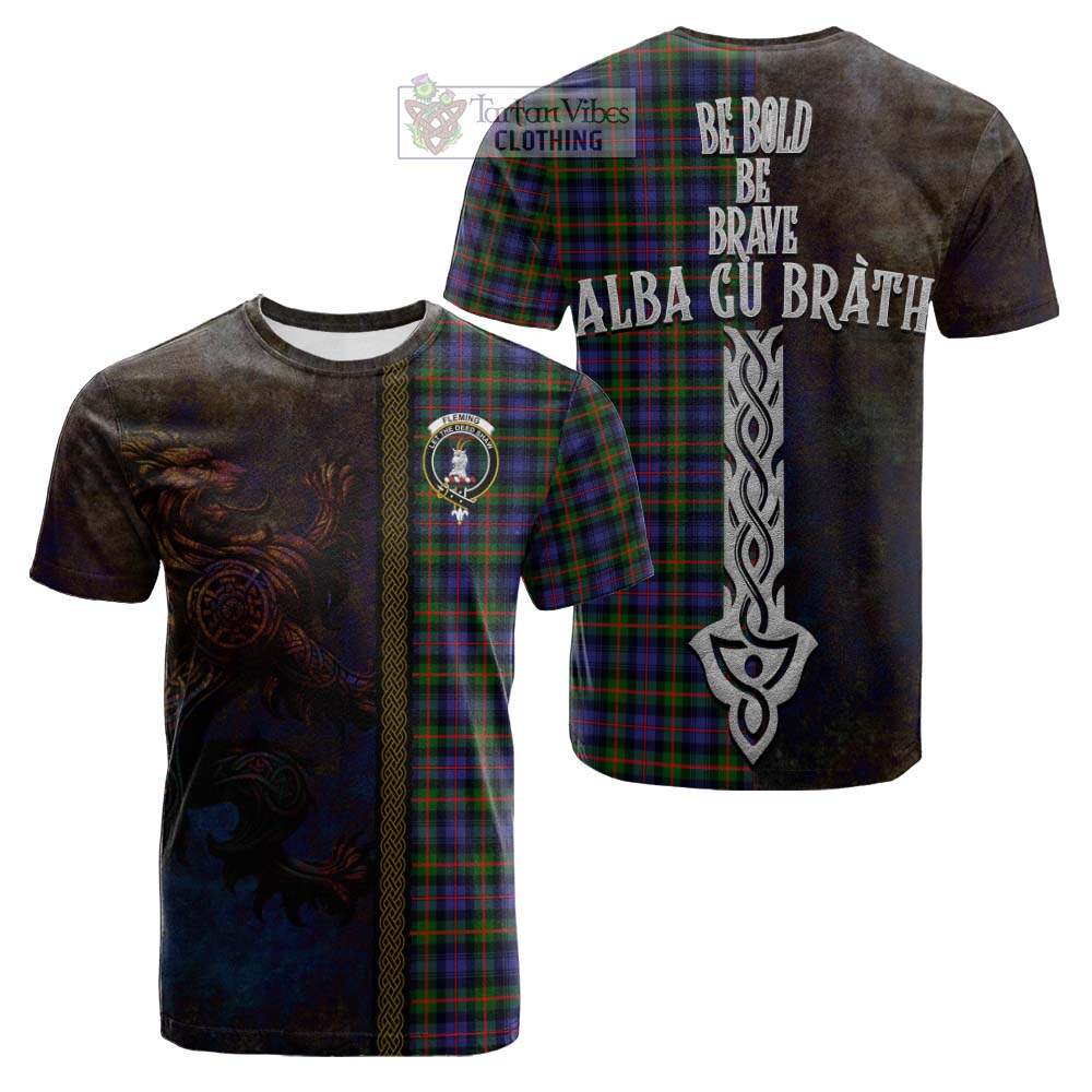 Tartan Vibes Clothing Fleming Tartan Family Crest Cotton T-shirt Alba Gu Brath Be Brave Lion Ancient Style