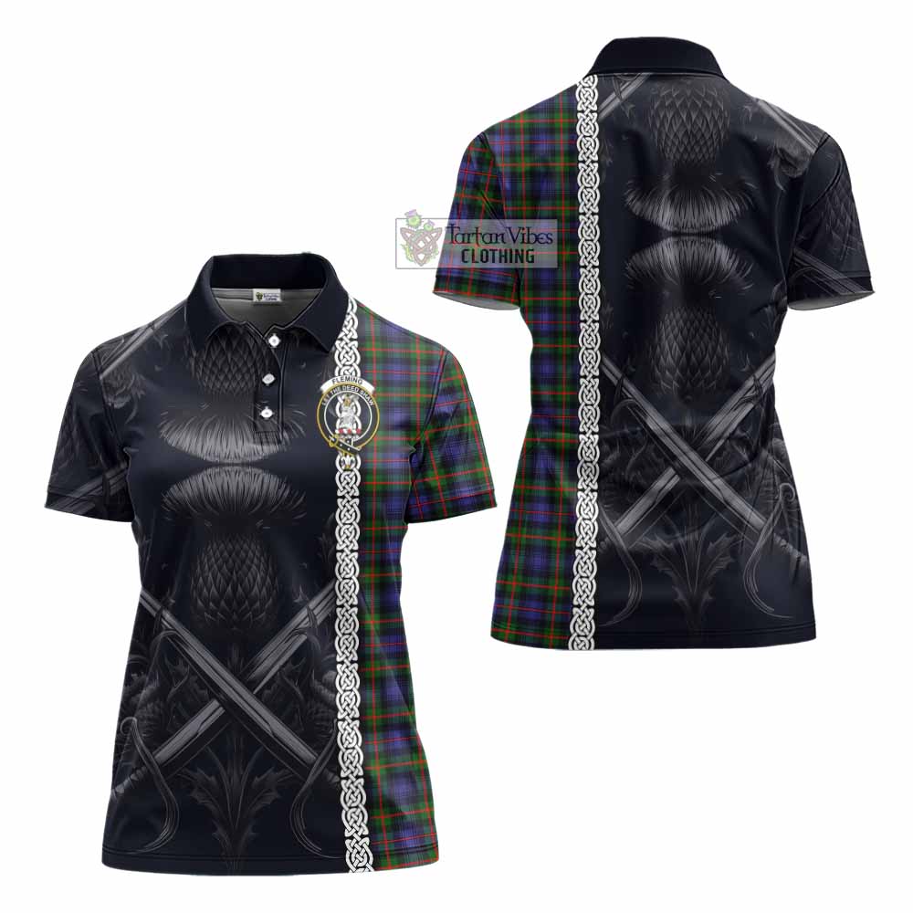 Tartan Vibes Clothing Fleming Tartan Women's Polo Shirt with Family Crest Cross Sword Thistle Celtic Vibes