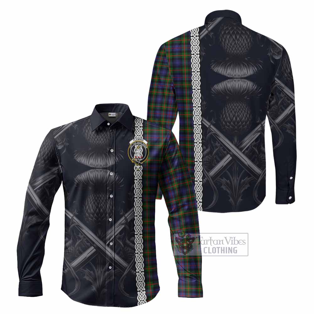 Tartan Vibes Clothing Fleming Tartan Long Sleeve Button Shirt with Family Crest Cross Sword Thistle Celtic Vibes