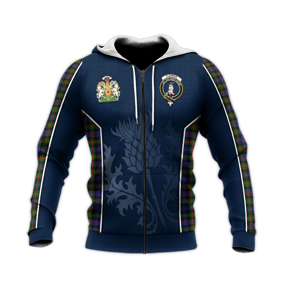 Tartan Vibes Clothing Fleming Tartan Knitted Hoodie with Family Crest and Scottish Thistle Vibes Sport Style