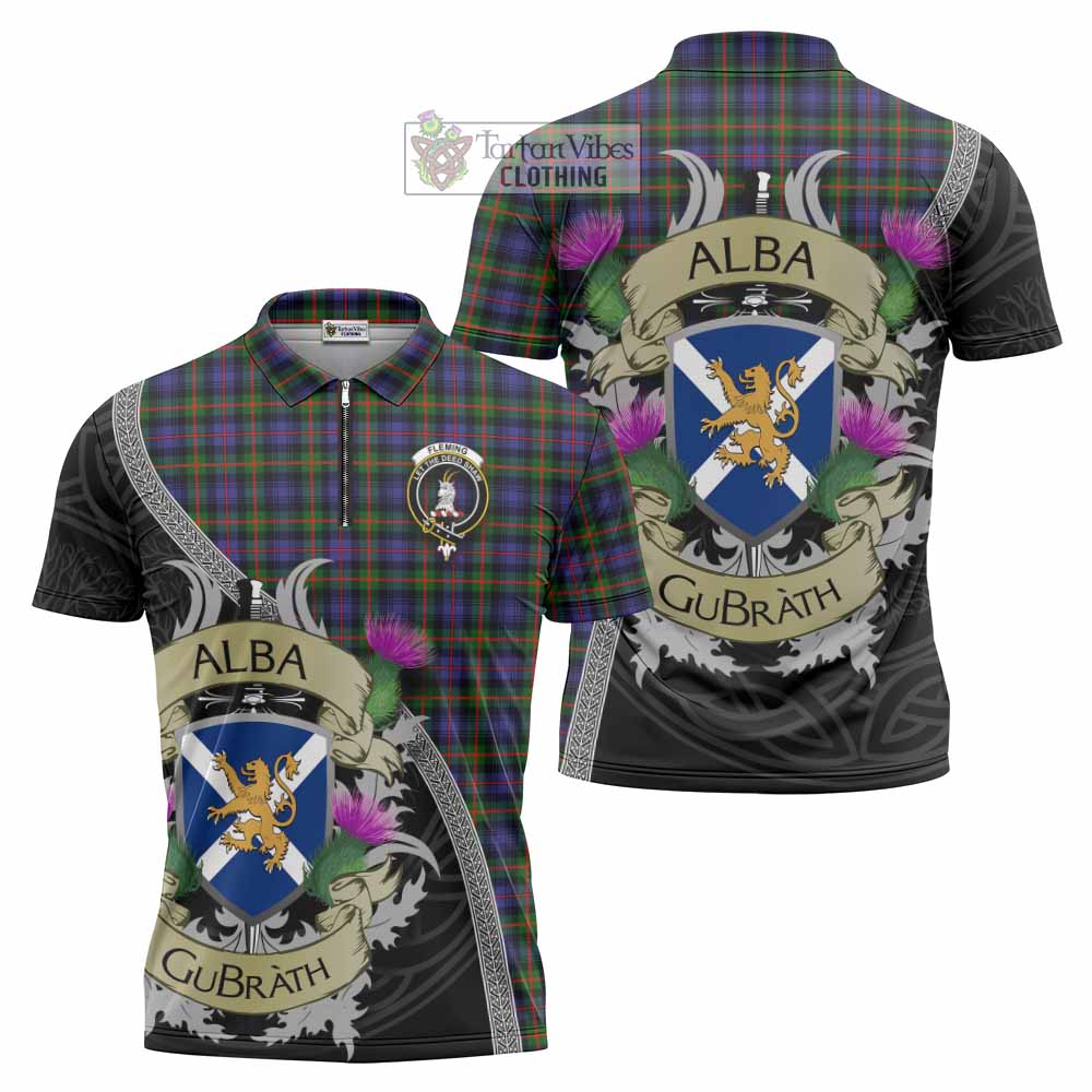 Tartan Vibes Clothing Fleming Tartan Family Crest Zipper Polo Shirt Lion Rampant Royal Thistle Shield Celtic Inspired