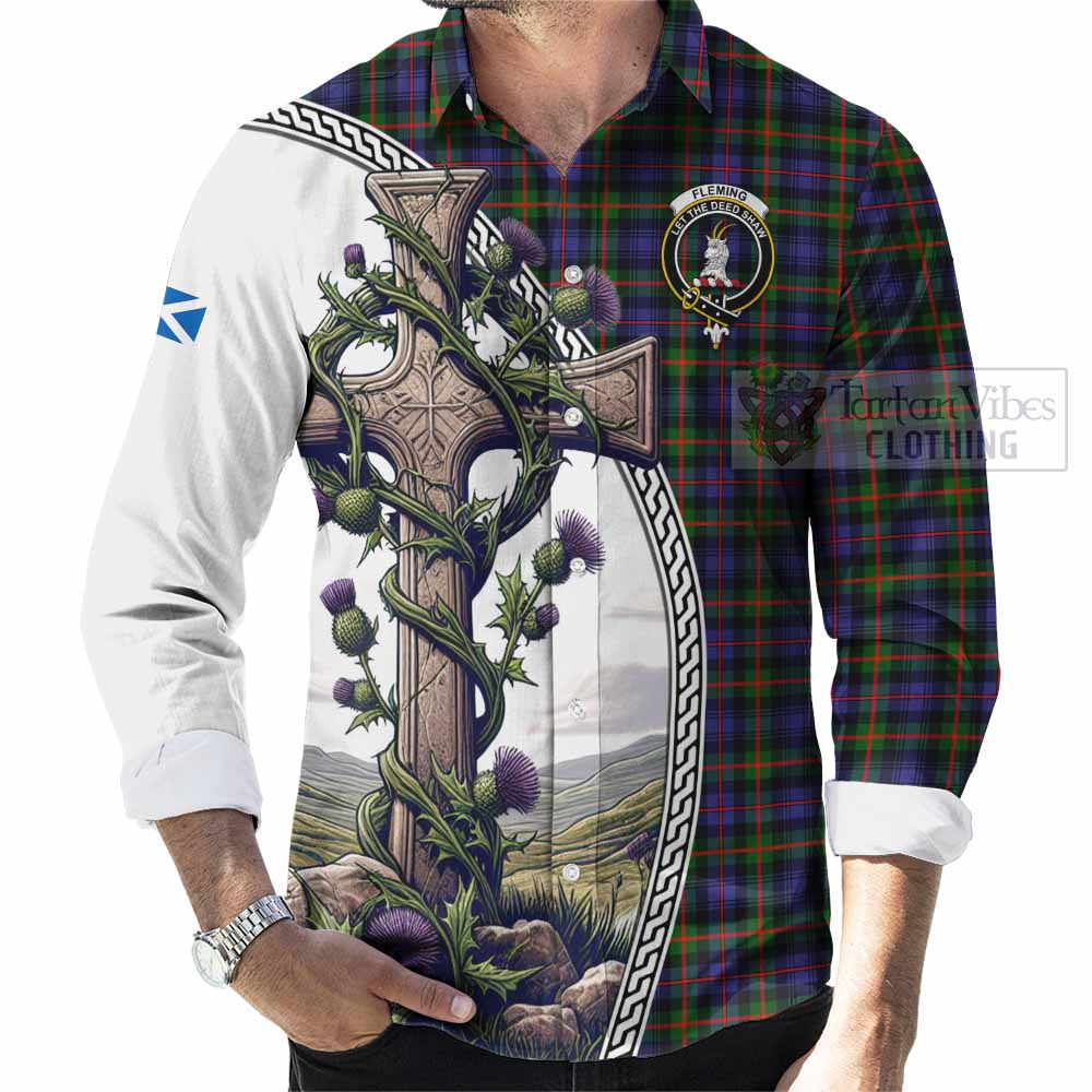 Tartan Vibes Clothing Fleming Tartan Long Sleeve Button Shirt with Family Crest and St. Andrew's Cross Accented by Thistle Vines