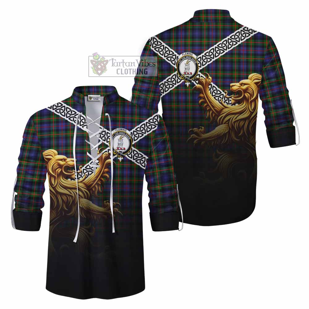 Tartan Vibes Clothing Fleming Crest Tartan Ghillie Kilt Shirt with Golden Lion Emblem Celtic Style