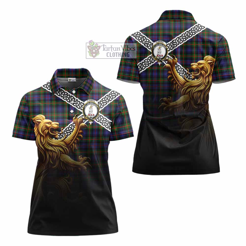 Tartan Vibes Clothing Fleming Crest Tartan Women's Polo Shirt with Golden Lion Emblem Celtic Style