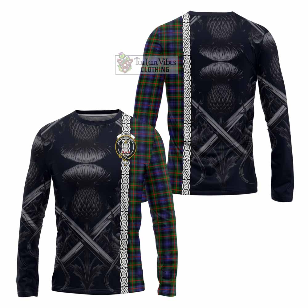 Tartan Vibes Clothing Fleming Tartan Long Sleeve T-Shirt with Family Crest Cross Sword Thistle Celtic Vibes