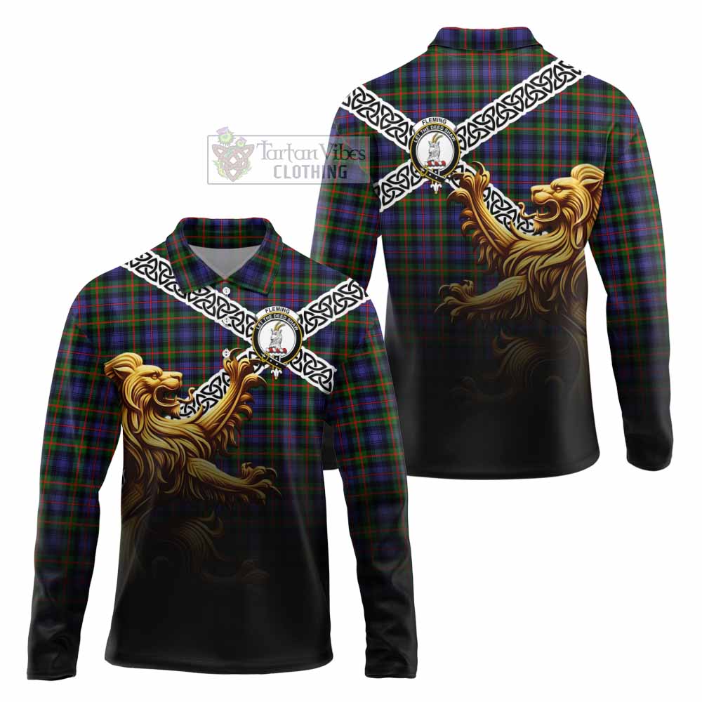 Tartan Vibes Clothing Fleming Crest Tartan Long Sleeve Polo Shirt with Golden Lion Emblem Celtic Style