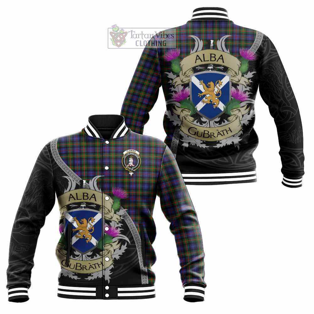 Tartan Vibes Clothing Fleming Tartan Family Crest Baseball Jacket Lion Rampant Royal Thistle Shield Celtic Inspired