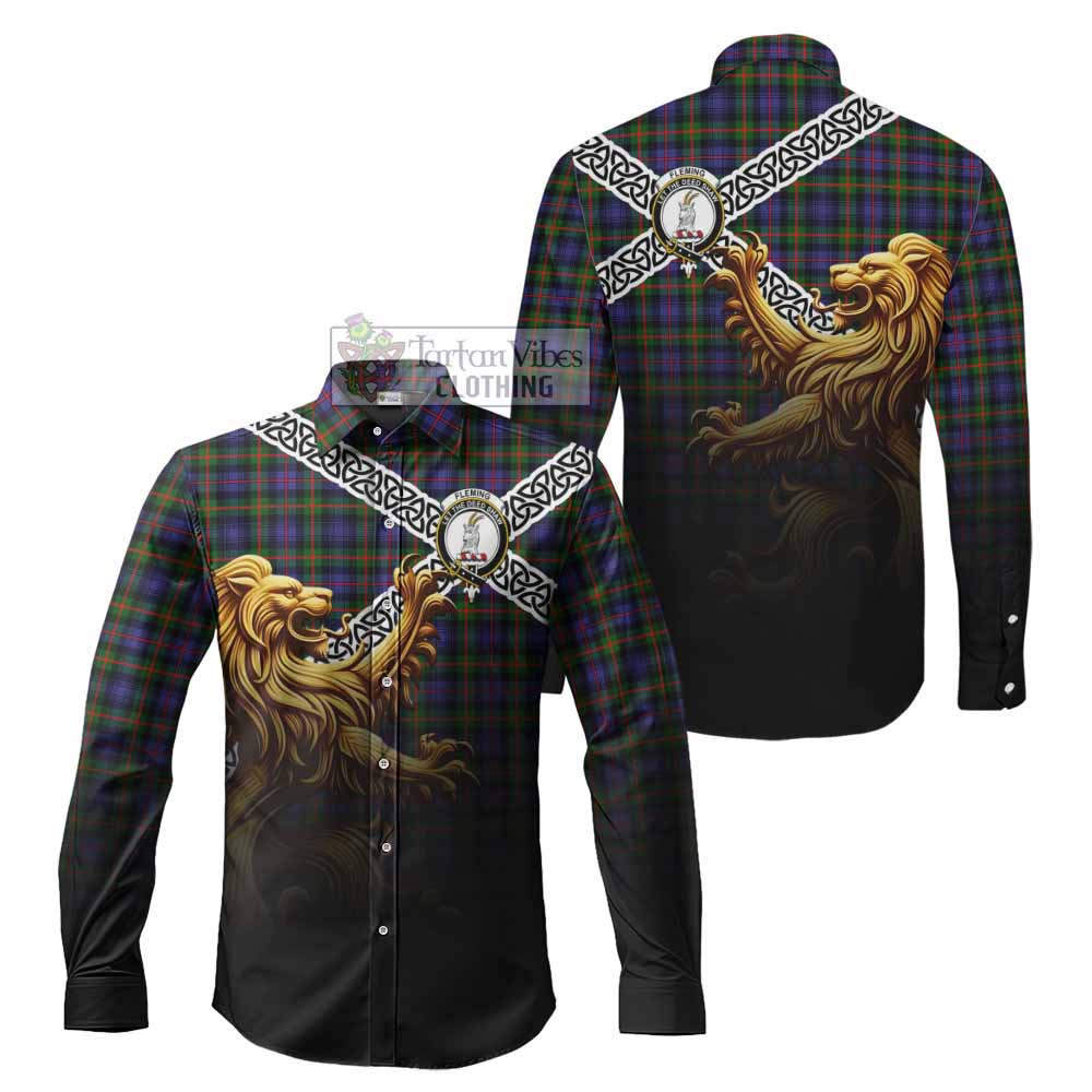 Tartan Vibes Clothing Fleming Crest Tartan Long Sleeve Button Shirt with Golden Lion Emblem Celtic Style