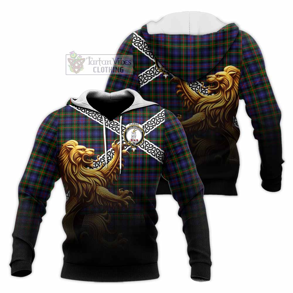 Tartan Vibes Clothing Fleming Crest Tartan Knitted Hoodie with Golden Lion Emblem Celtic Style