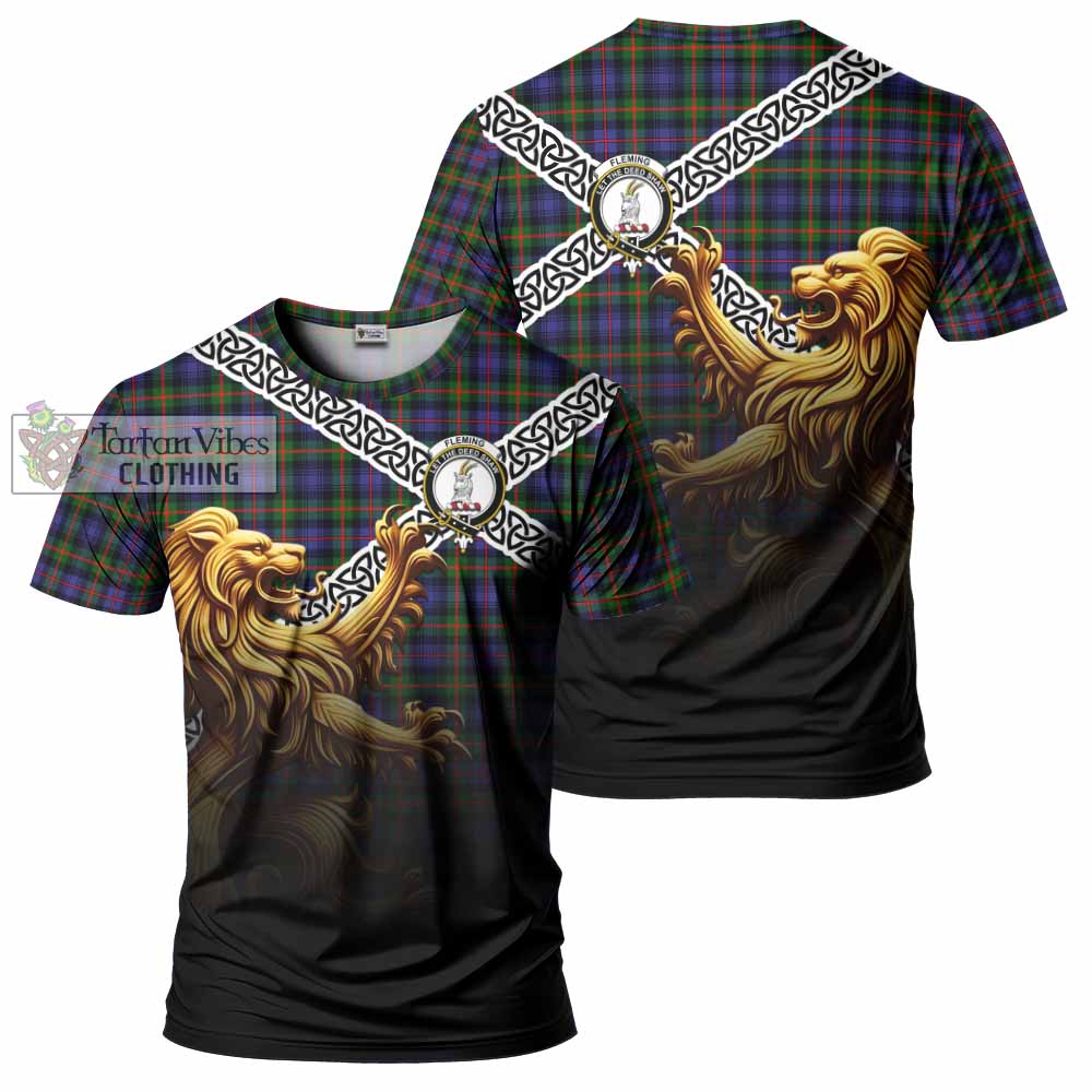 Tartan Vibes Clothing Fleming Crest Tartan T-Shirt with Golden Lion Emblem Celtic Style