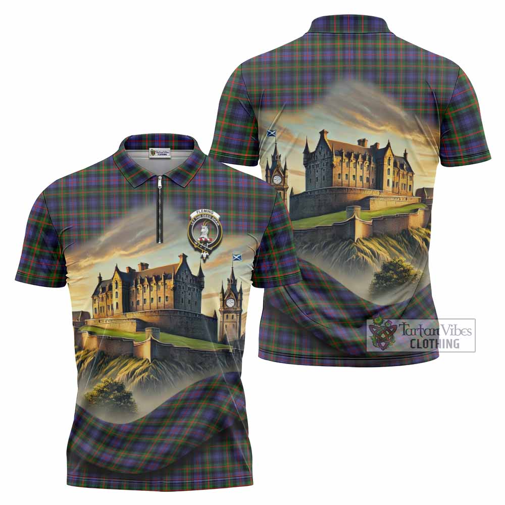 Tartan Vibes Clothing Fleming Tartan Family Crest Zipper Polo Shirt with Scottish Ancient Castle Stype