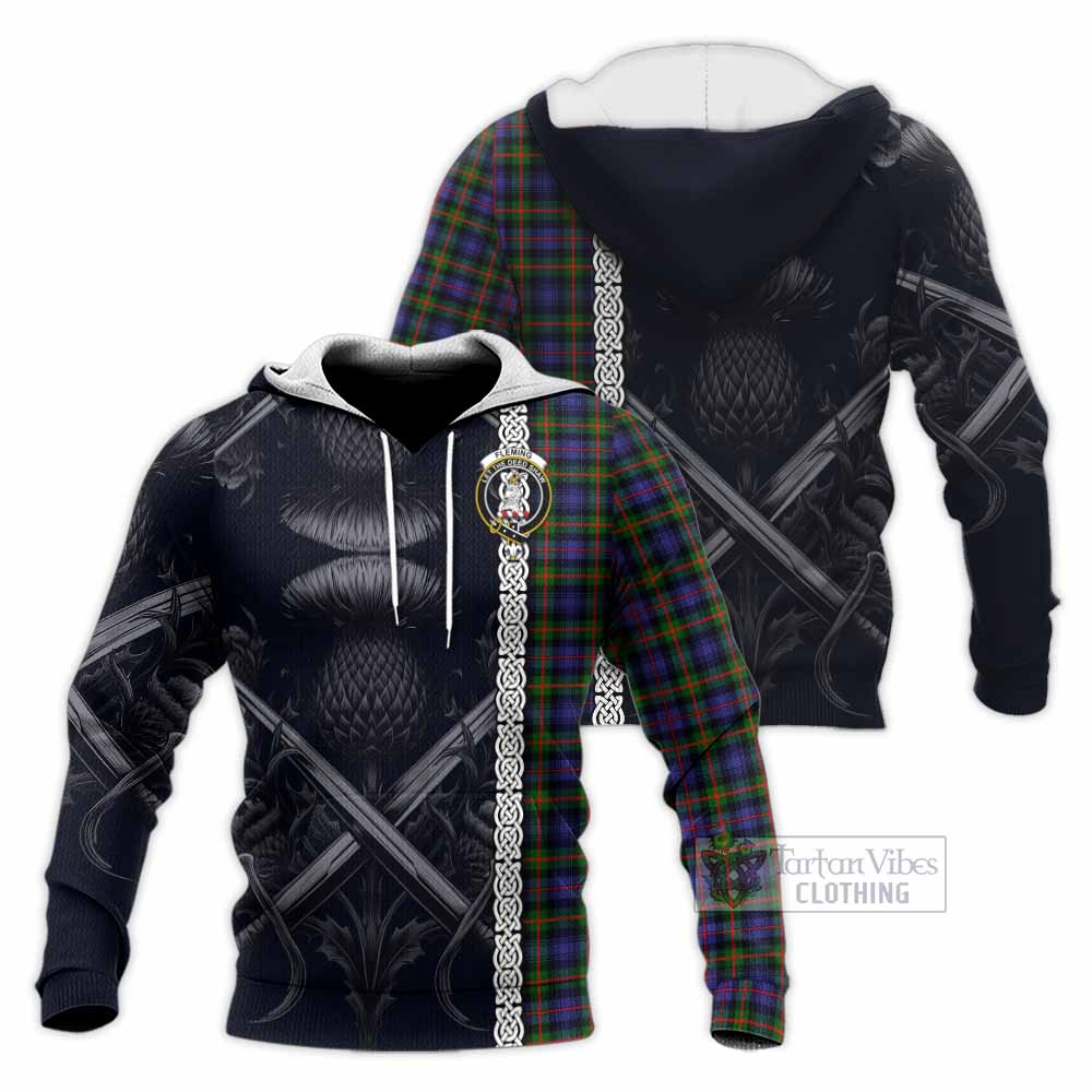 Tartan Vibes Clothing Fleming Tartan Knitted Hoodie with Family Crest Cross Sword Thistle Celtic Vibes