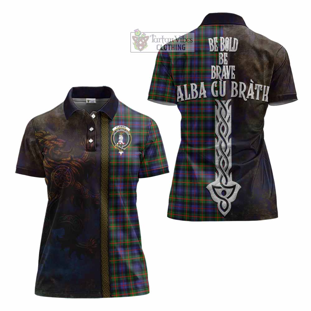 Tartan Vibes Clothing Fleming Tartan Family Crest Women's Polo Shirt Alba Gu Brath Be Brave Lion Ancient Style