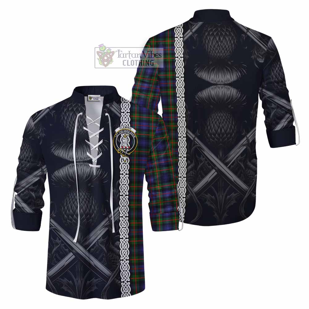 Tartan Vibes Clothing Fleming Tartan Ghillie Kilt Shirt with Family Crest Cross Sword Thistle Celtic Vibes