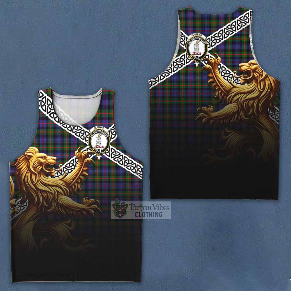 Tartan Vibes Clothing Fleming Crest Tartan Men's Tank Top with Golden Lion Emblem Celtic Style