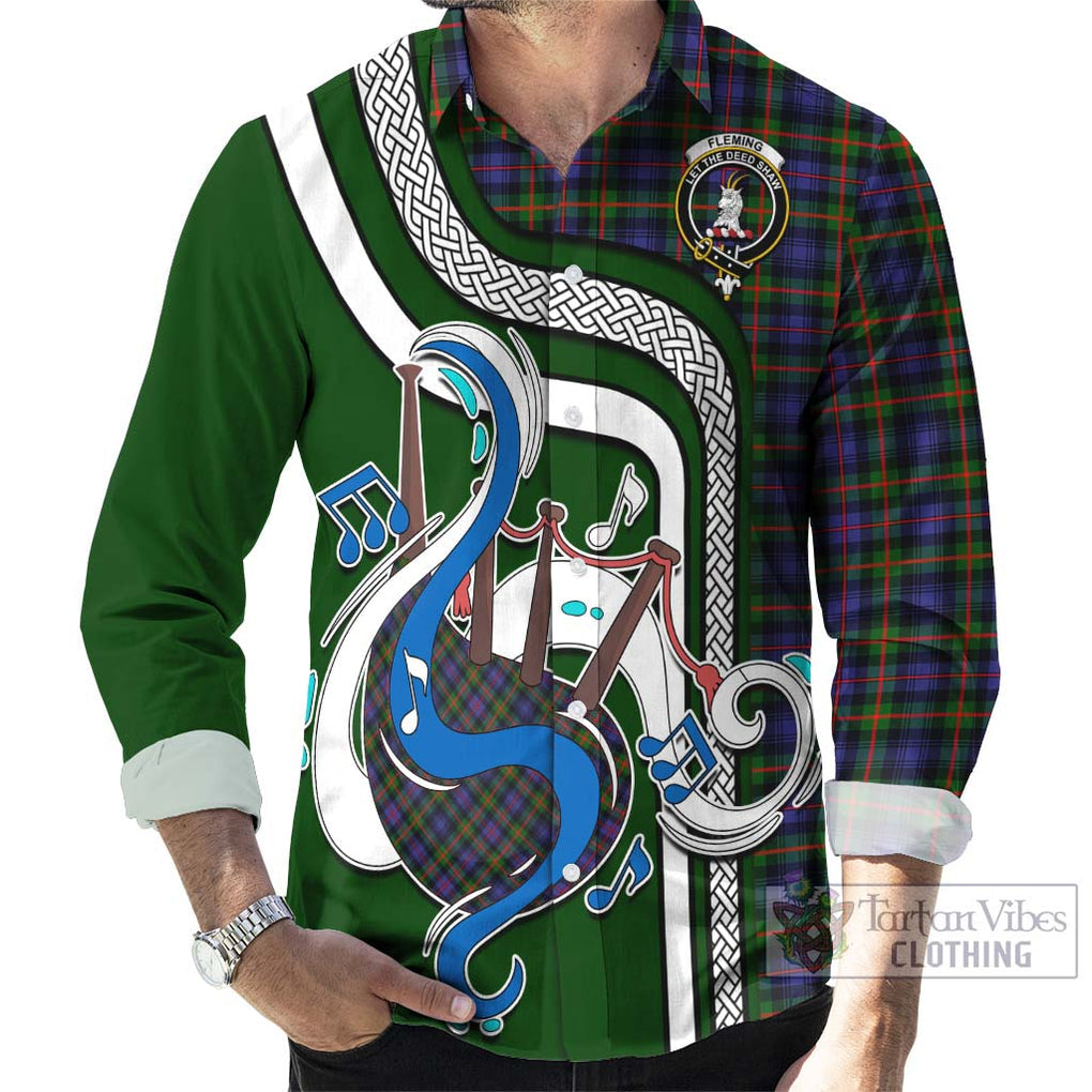 Fleming Tartan Long Sleeve Button Shirt with Epic Bagpipe Style - Tartanvibesclothing Shop