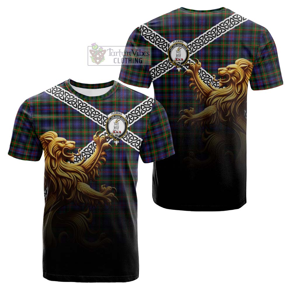 Fleming Crest Tartan Cotton T-shirt with Golden Lion Emblem Celtic Style - Tartan Vibes Clothing