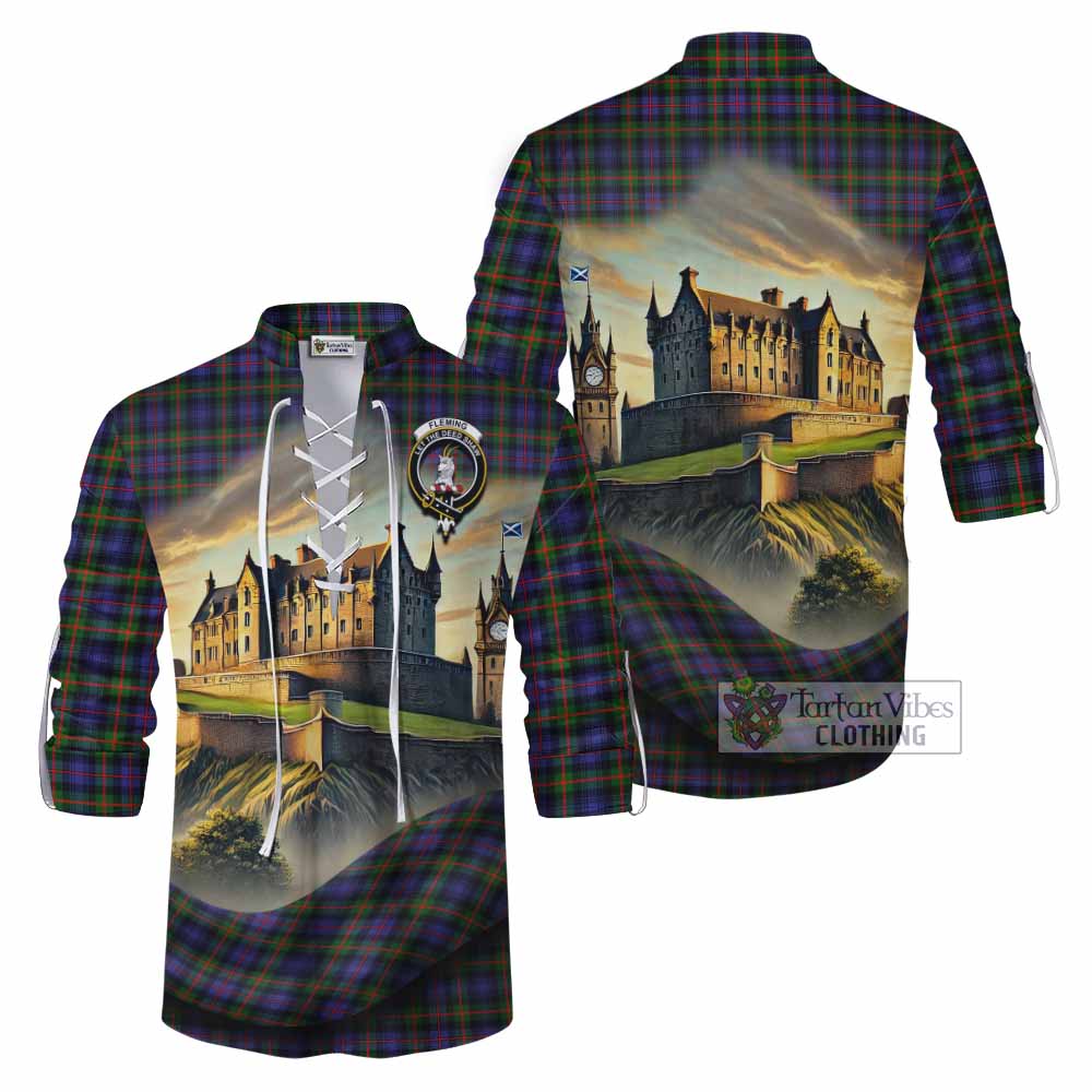 Tartan Vibes Clothing Fleming Tartan Family Crest Ghillie Kilt Shirt with Scottish Ancient Castle Style