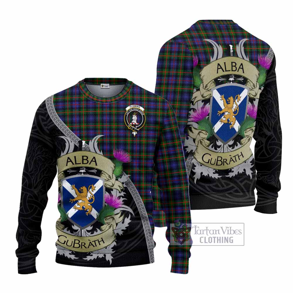 Tartan Vibes Clothing Fleming Tartan Family Crest Knitted Sweater Lion Rampant Royal Thistle Shield Celtic Inspired