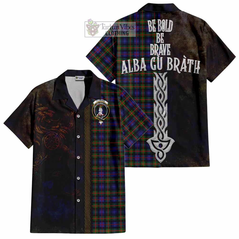 Tartan Vibes Clothing Fleming Tartan Family Crest Short Sleeve Button Shirt Alba Gu Brath Be Brave Lion Ancient Style