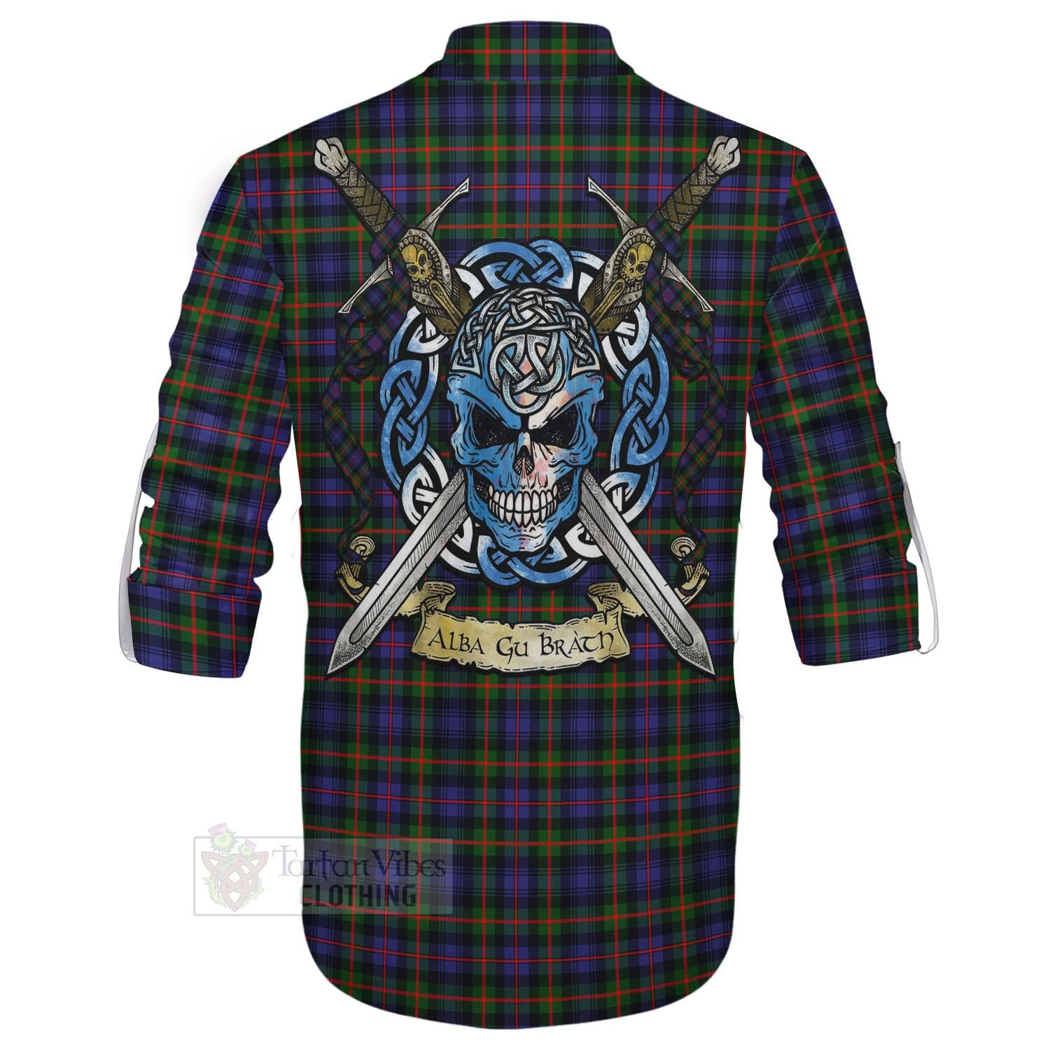 Tartan Vibes Clothing Fleming Tartan Ghillie Kilt Shirt with Family Crest Celtic Skull Style