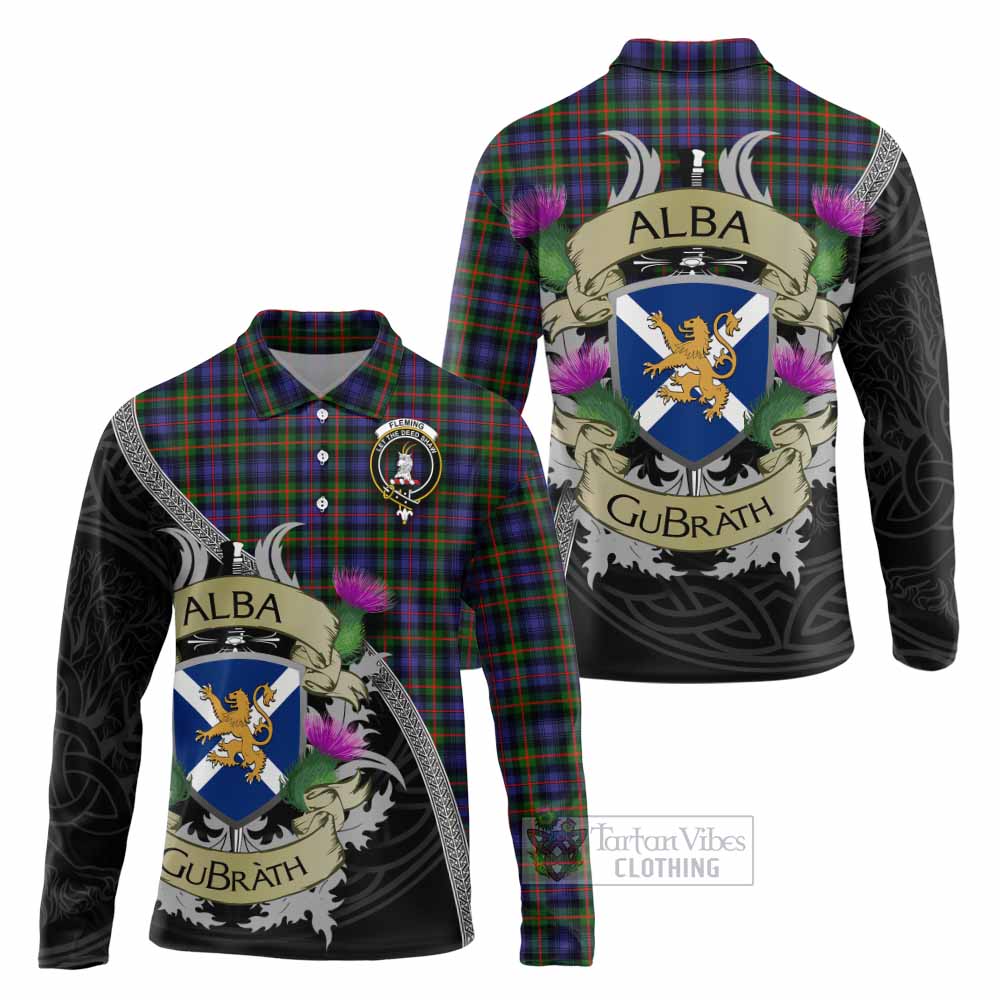Tartan Vibes Clothing Fleming Tartan Family Crest Long Sleeve Polo Shirt Lion Rampant Royal Thistle Shield Celtic Inspired