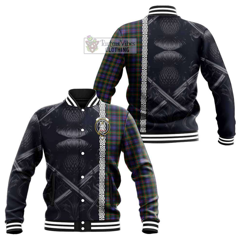 Tartan Vibes Clothing Fleming Tartan Baseball Jacket with Family Crest Cross Sword Thistle Celtic Vibes