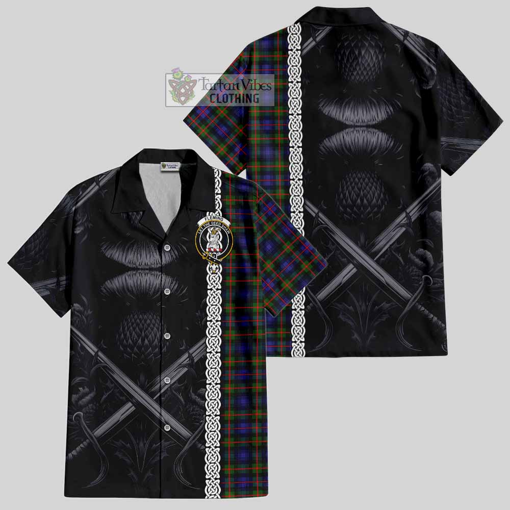 Tartan Vibes Clothing Fleming Tartan Short Sleeve Button Shirt with Family Crest Cross Sword Thistle Celtic Vibes