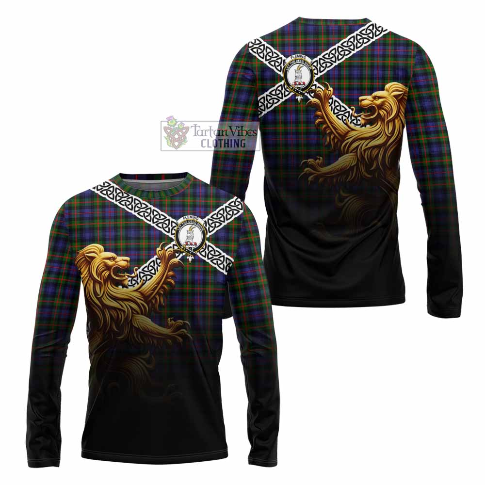 Tartan Vibes Clothing Fleming Crest Tartan Long Sleeve T-Shirt with Golden Lion Emblem Celtic Style