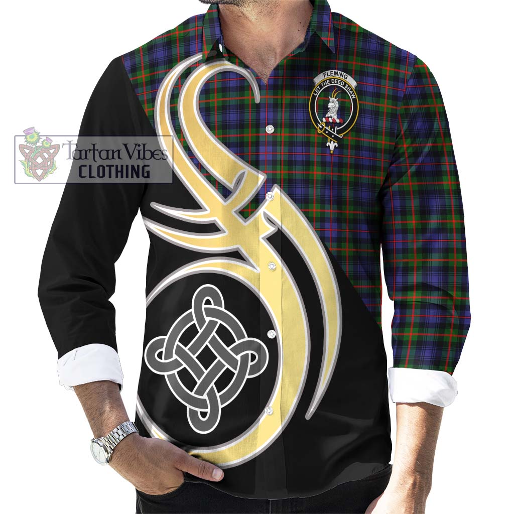 Fleming Tartan Long Sleeve Button Shirt with Family Crest and Celtic Symbol Style - Tartan Vibes Clothing