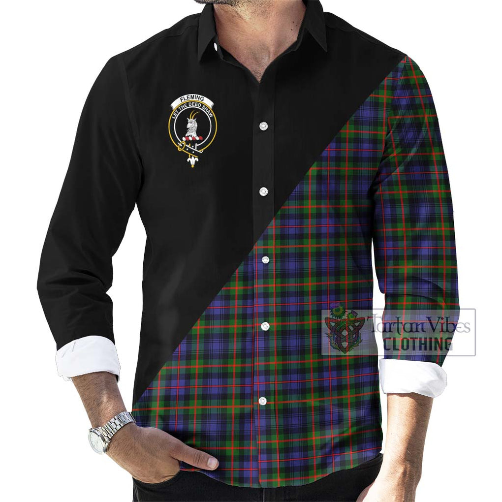 Fleming Tartan Long Sleeve Button Shirt with Family Crest and Military Logo Style - Tartanvibesclothing Shop