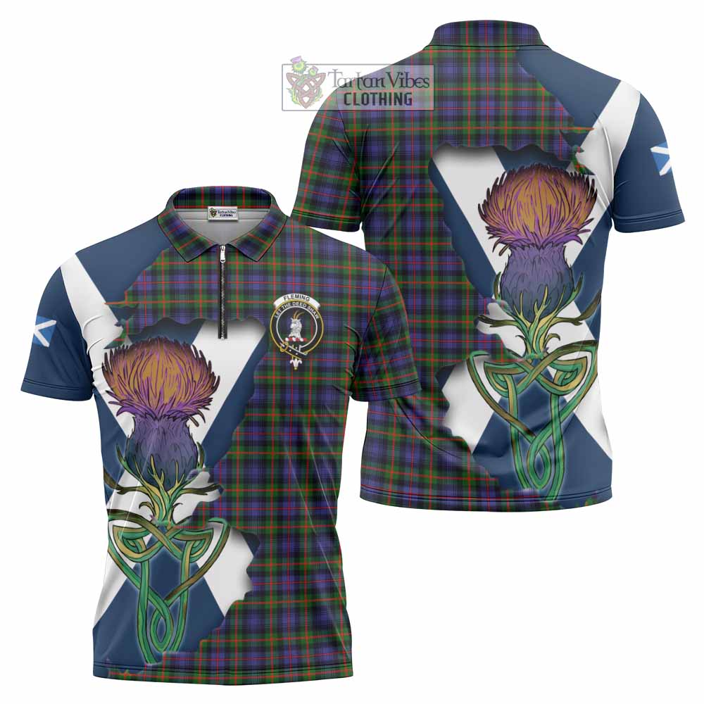 Tartan Vibes Clothing Fleming Tartan Family Crest Zipper Polo Shirt Scottish Thistle Celtic Inspired