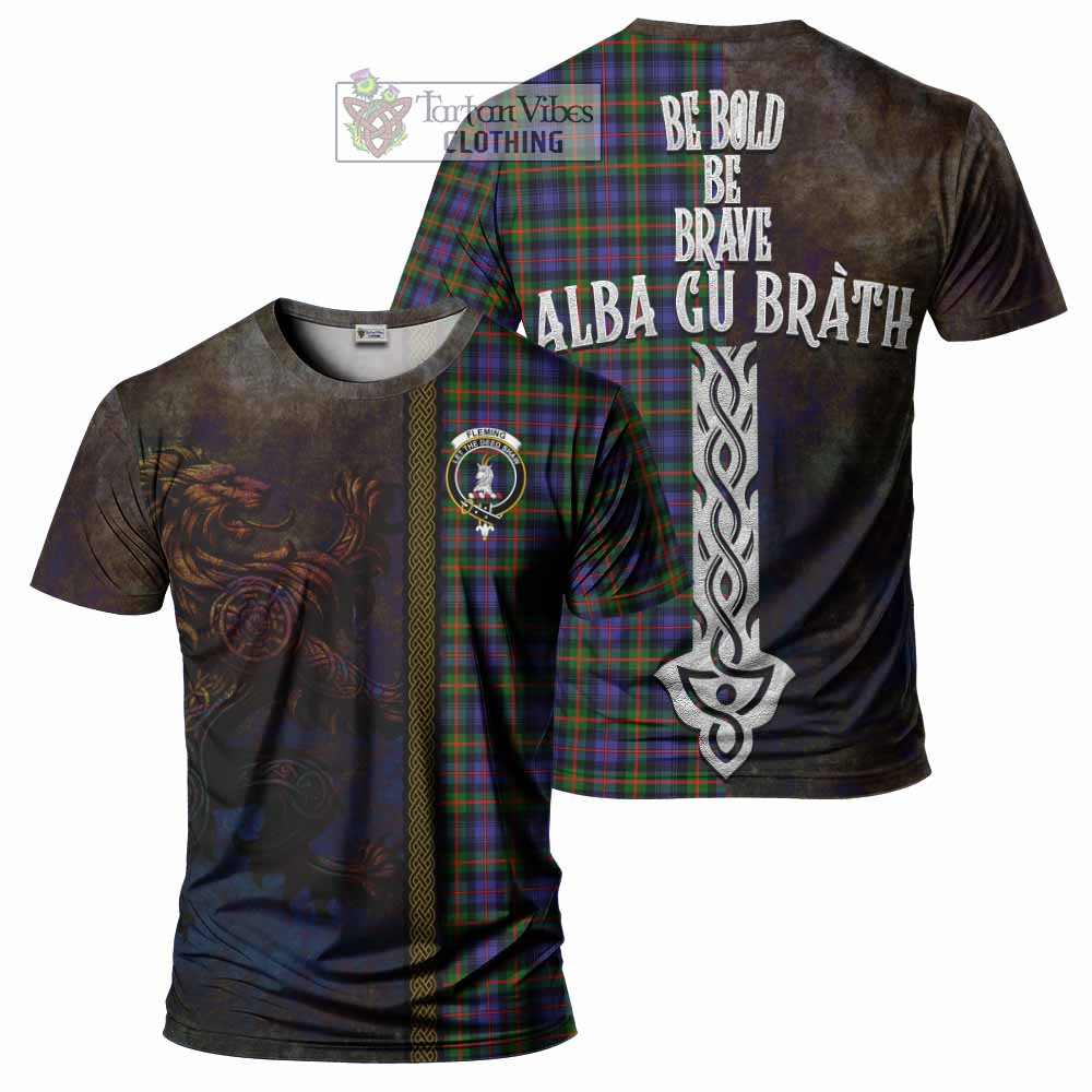 Tartan Vibes Clothing Fleming Tartan Family Crest T-Shirt Alba Gu Brath Be Brave Lion Ancient Style
