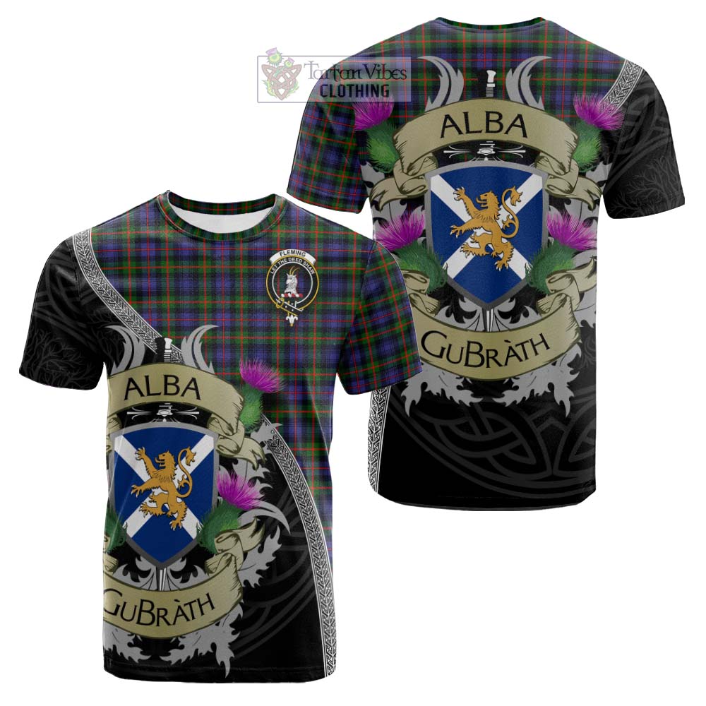 Tartan Vibes Clothing Fleming Tartan Family Crest Cotton T-shirt Lion Rampant Royal Thistle Shield Celtic Inspired