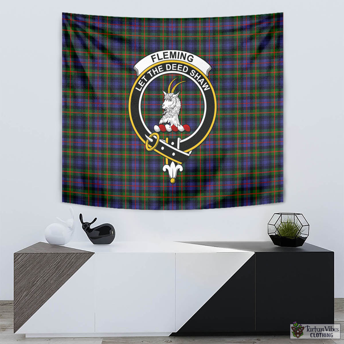 Tartan Vibes Clothing Fleming Tartan Tapestry Wall Hanging and Home Decor for Room with Family Crest