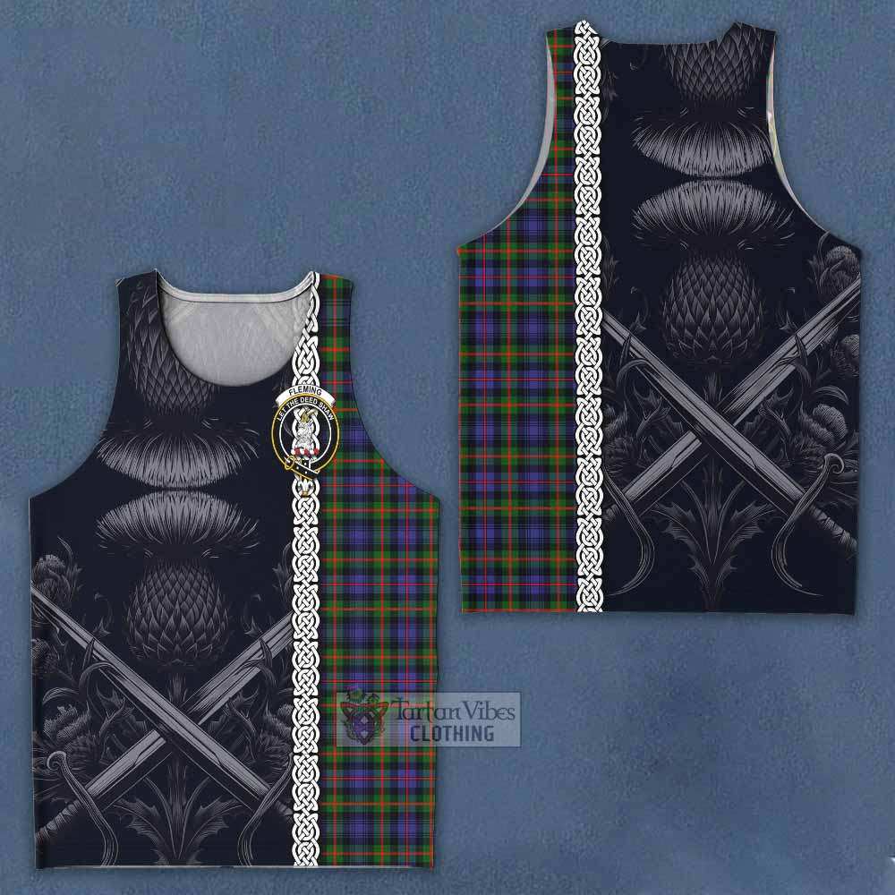 Tartan Vibes Clothing Fleming Tartan Men's Tank Top with Family Crest Cross Sword Thistle Celtic Vibes