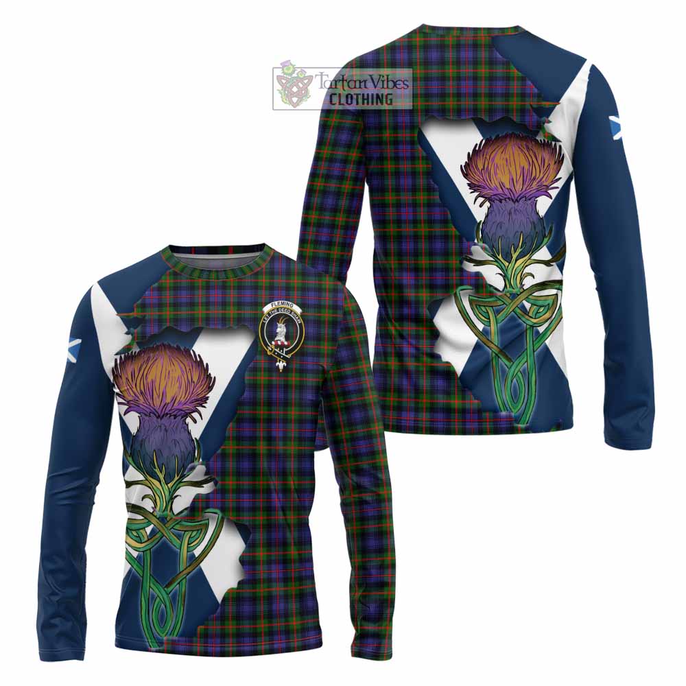 Tartan Vibes Clothing Fleming Tartan Family Crest Long Sleeve T-Shirt Scottish Thistle Celtic Inspired