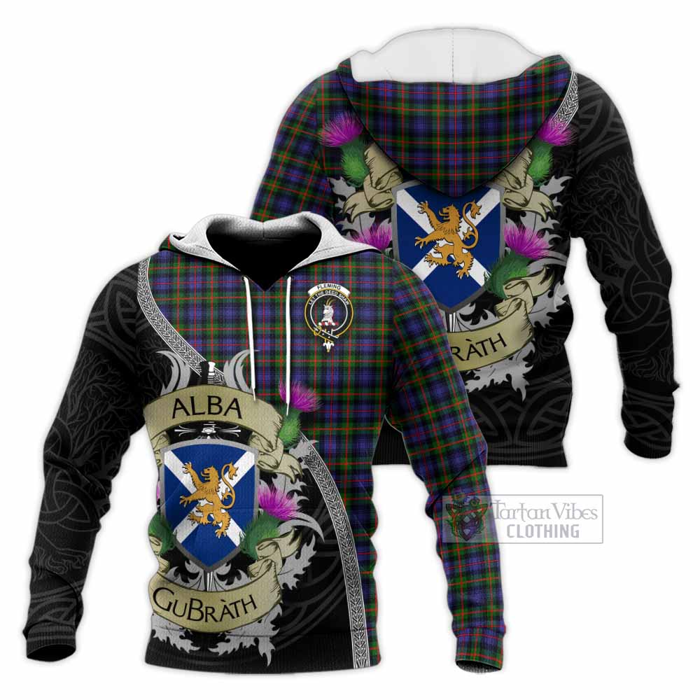 Tartan Vibes Clothing Fleming Tartan Family Crest Knitted Hoodie Lion Rampant Royal Thistle Shield Celtic Inspired