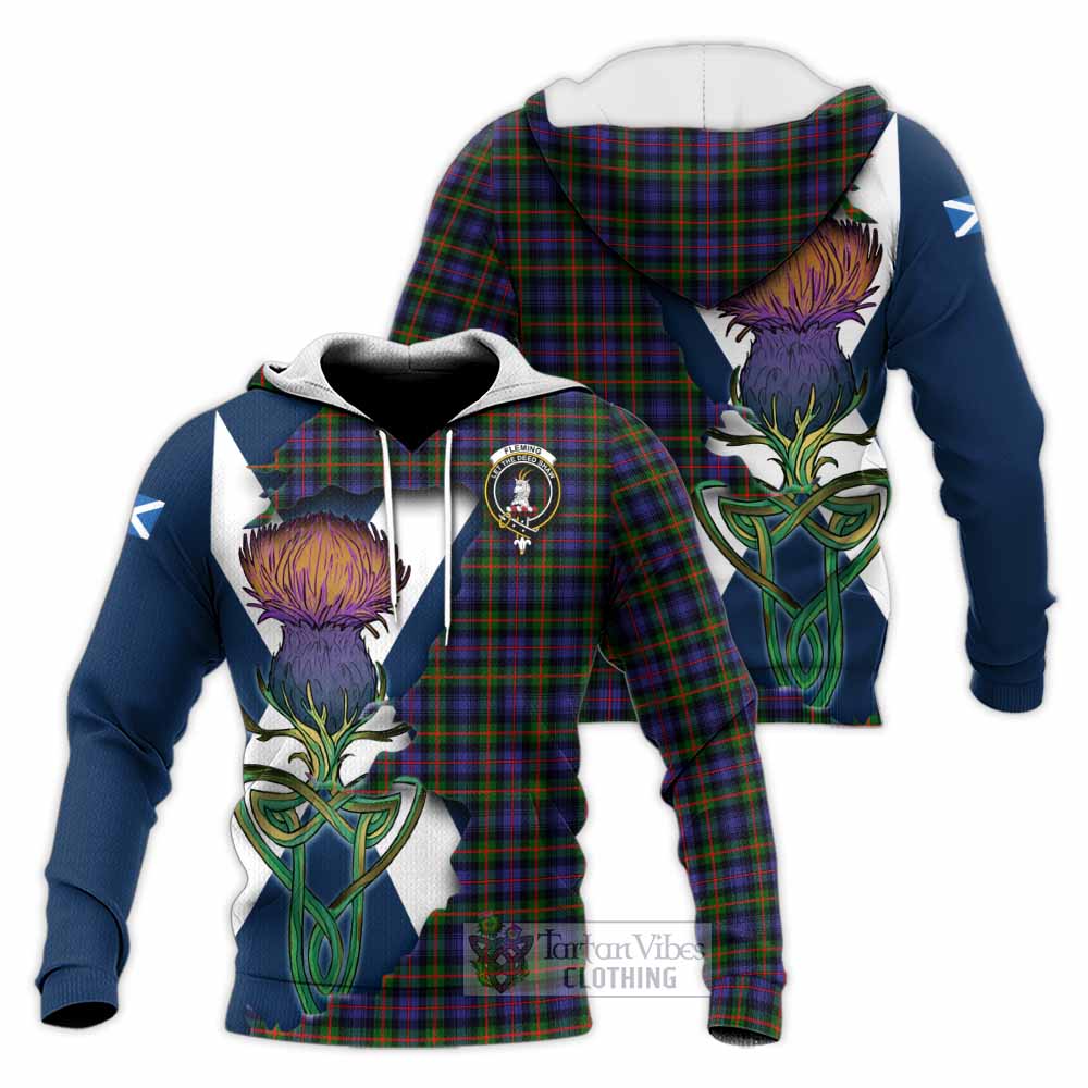 Tartan Vibes Clothing Fleming Tartan Family Crest Knitted Hoodie Scottish Thistle Celtic Inspired