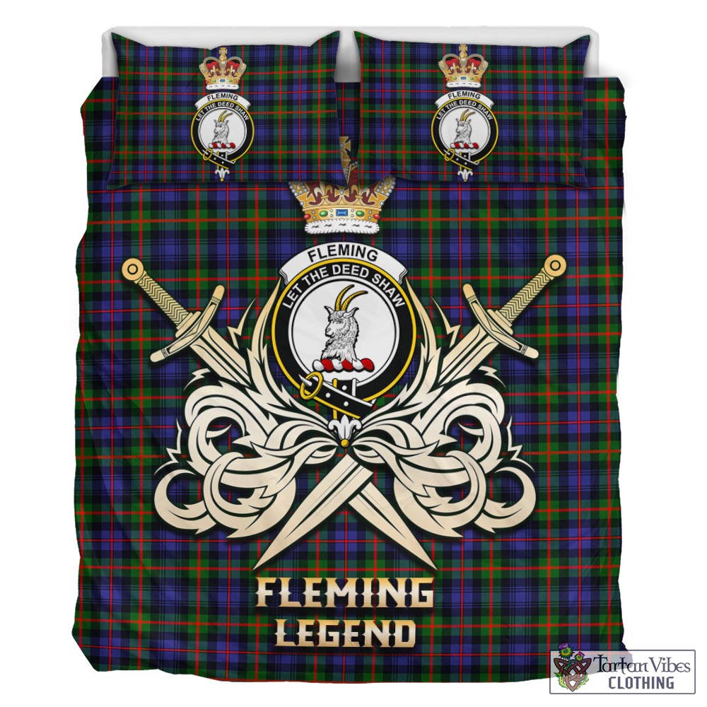 Tartan Vibes Clothing Fleming Tartan Bedding Set with Clan Crest and the Golden Sword of Courageous Legacy