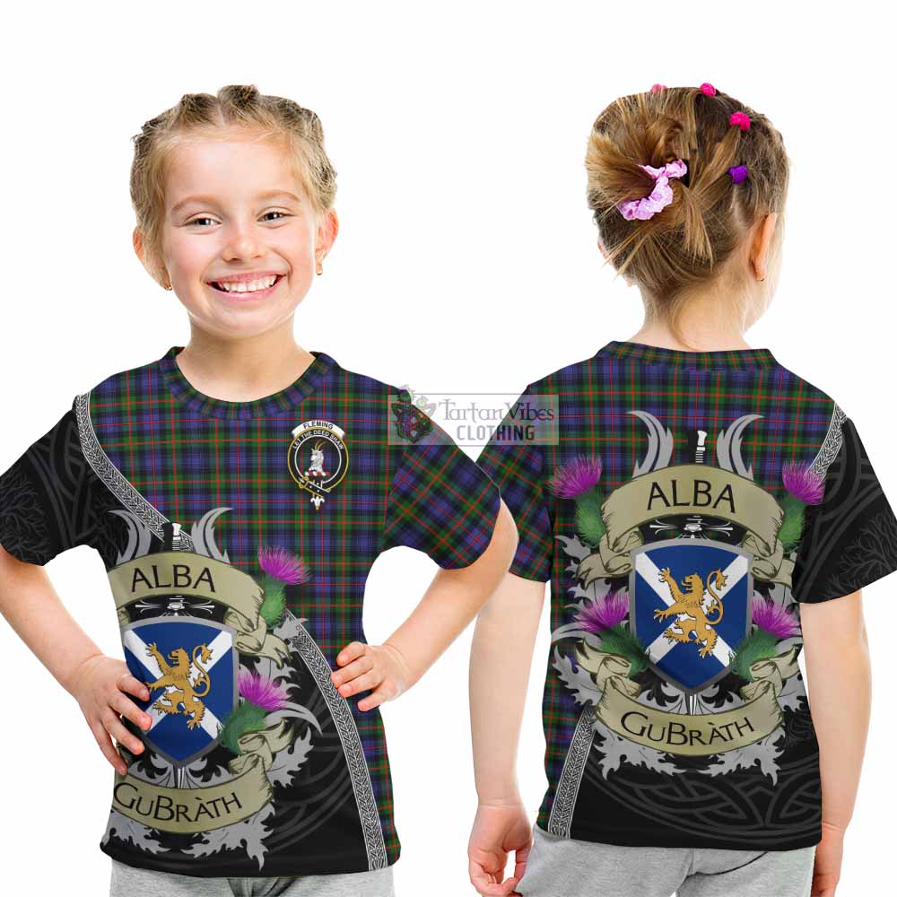 Tartan Vibes Clothing Fleming Tartan Family Crest Kid T-Shirt Lion Rampant Royal Thistle Shield Celtic Inspired